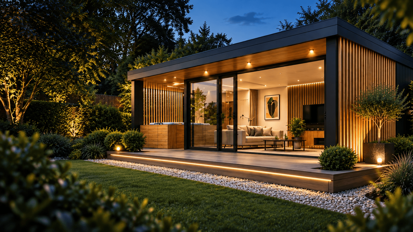 Illustrative contemporary garden room with full-height glazing and warm light spilling onto its timber deck