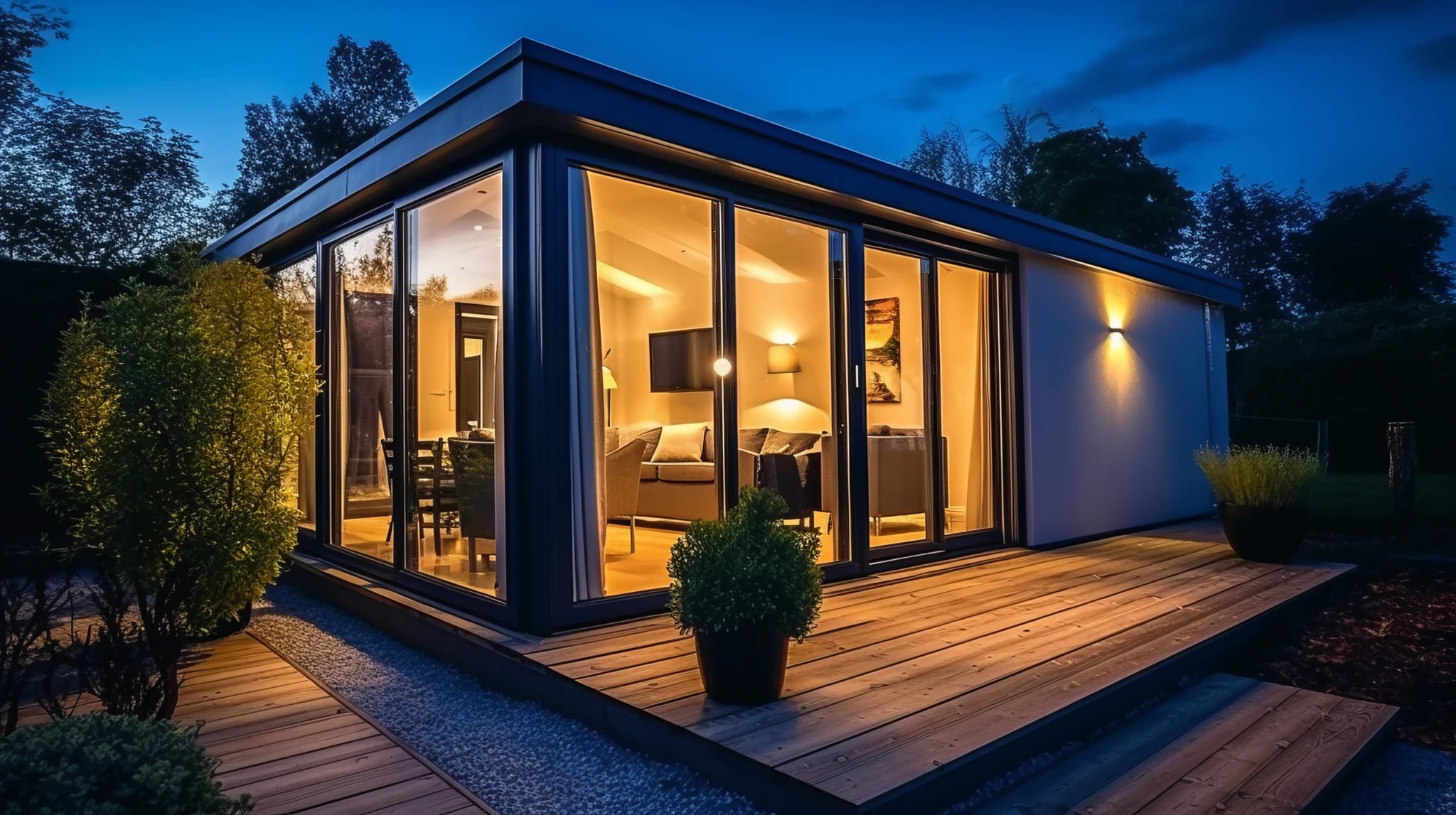 Contemporary glazed garden room with a warmly lit office and lounge at dusk