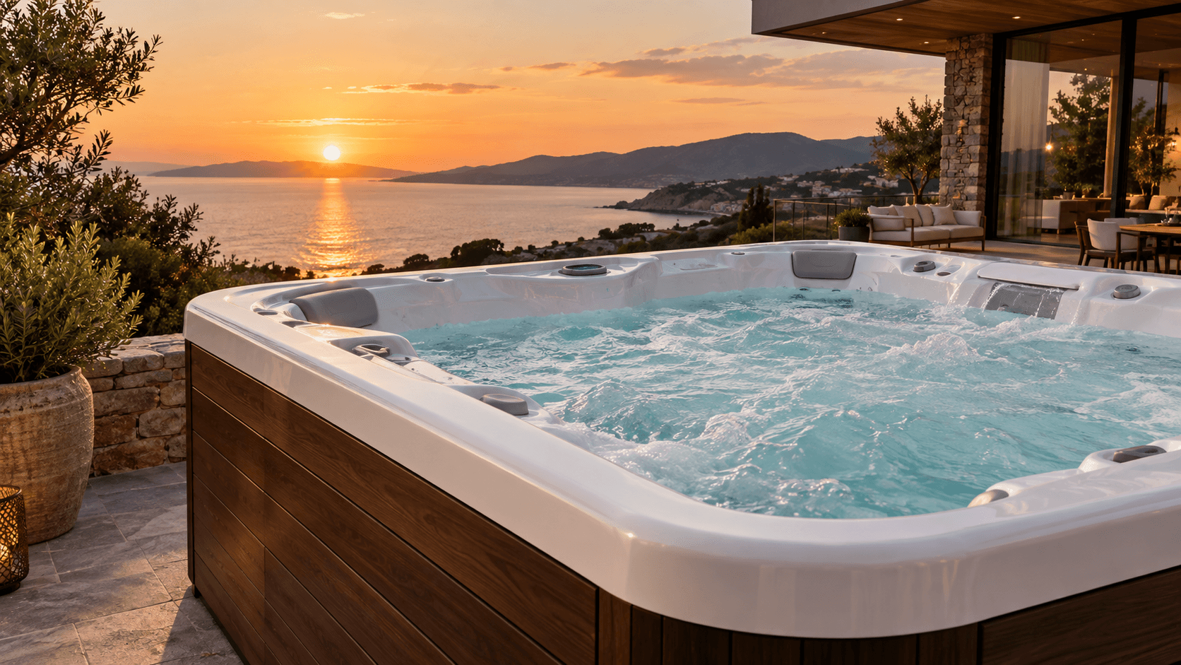 Hot tub on a coastal terrace at sunset
