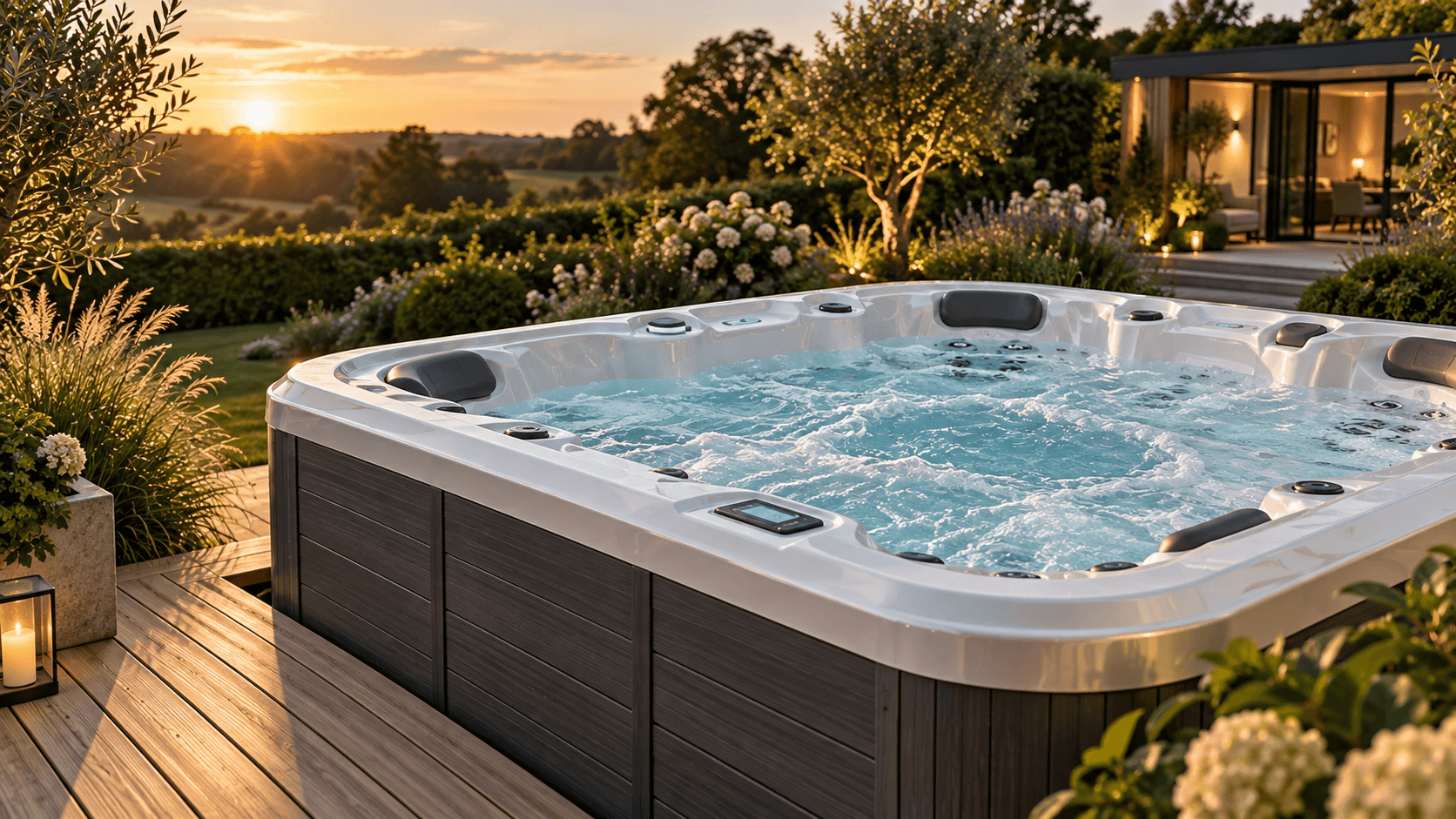 Illustrative premium outdoor hot tub on a landscaped garden terrace