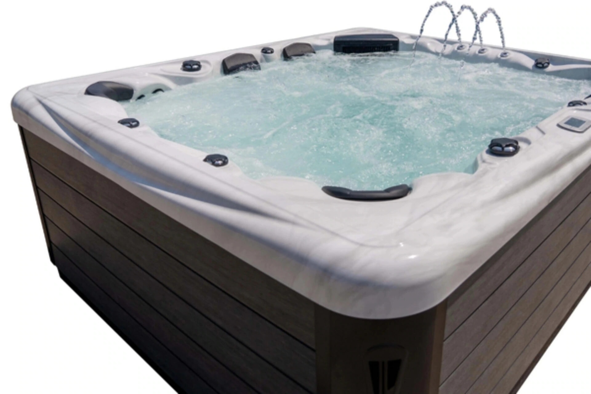Hot tub with contoured seats and hydrotherapy jets