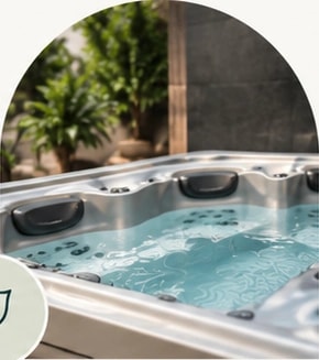 Hydrotherapy hot tub with contoured seats and clear blue water