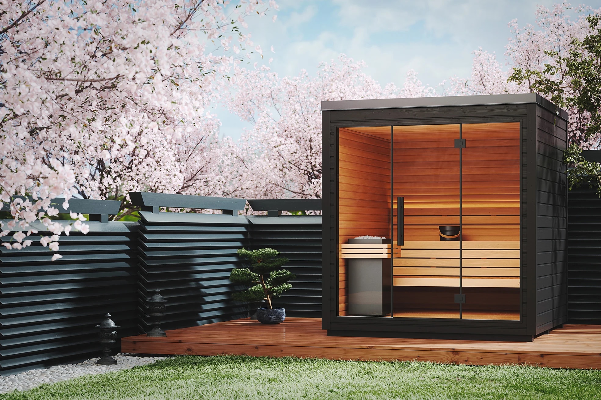 Timber outdoor sauna surrounded by flowering trees