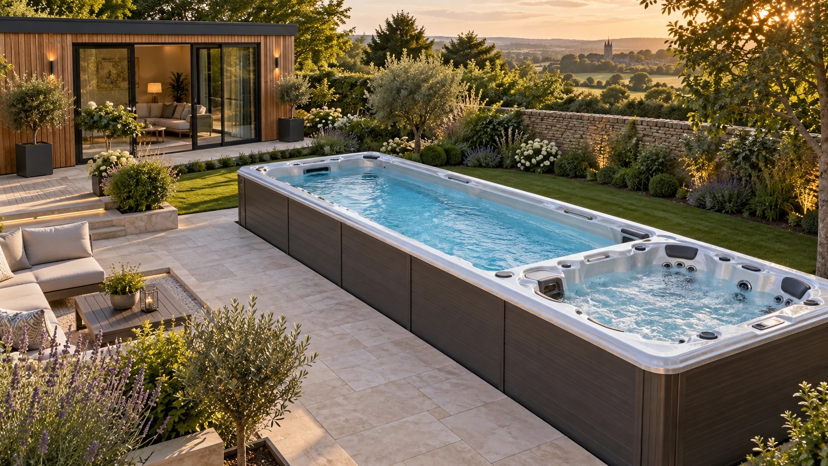Long outdoor swim spa with an adjoining spa seating area on a garden terrace