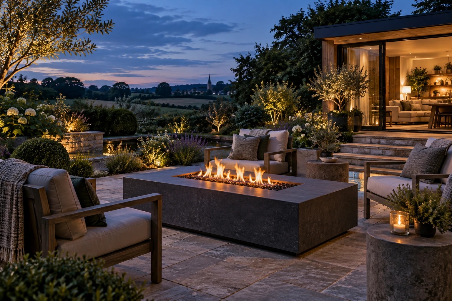 Modern rectangular fire pit table glowing beside outdoor lounge chairs at dusk