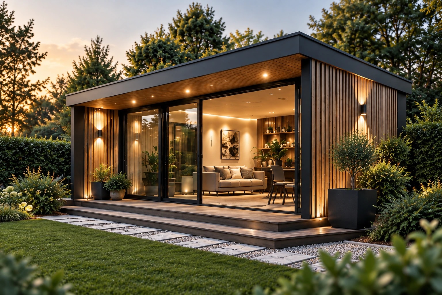 Illustrative garden-room design with glazed doors, timber cladding and a warmly lit lounge opening onto a garden