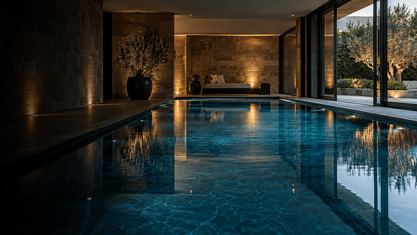 Illustrative indoor swimming pool with blue water, warm stone walls and atmospheric lighting