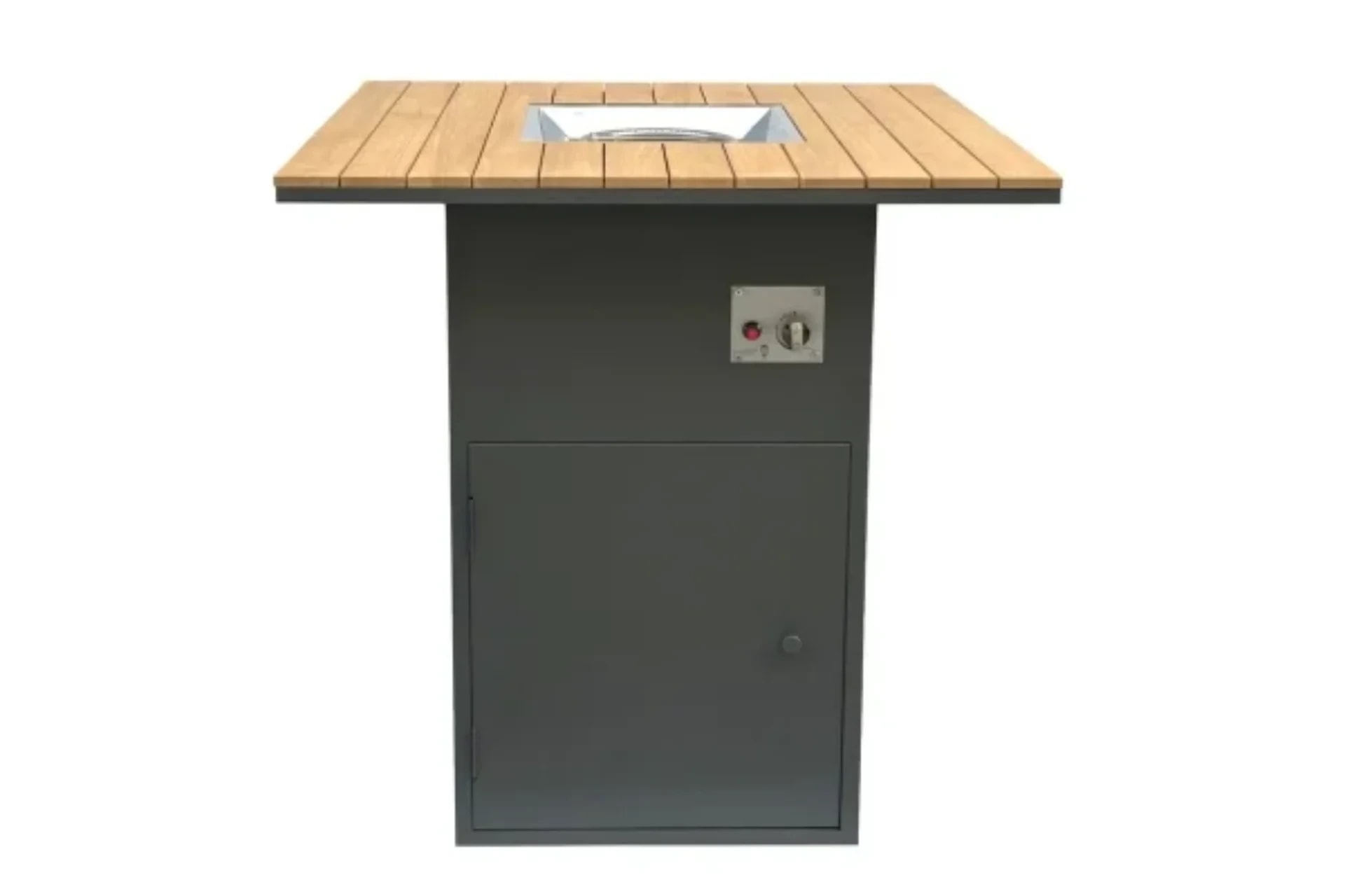 Tall black Gedi Firepit Table with a square slatted top and front controls