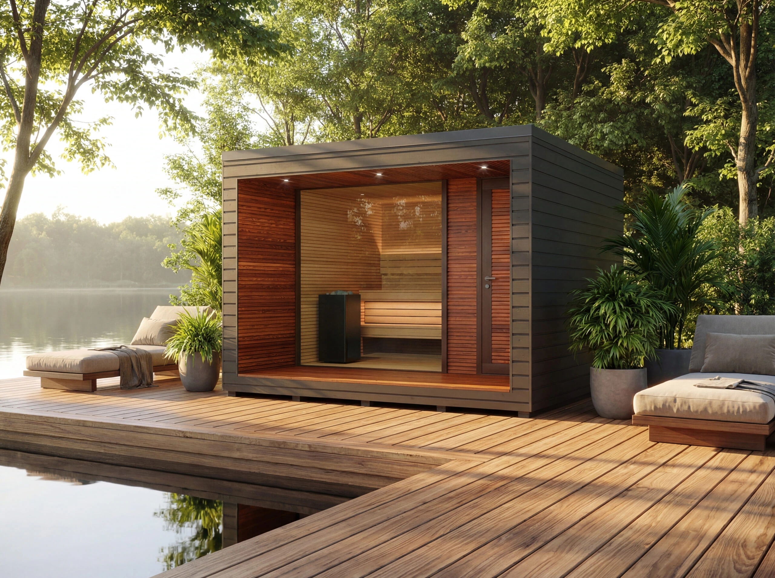 Natura outdoor sauna with a glazed front on a timber deck beside water