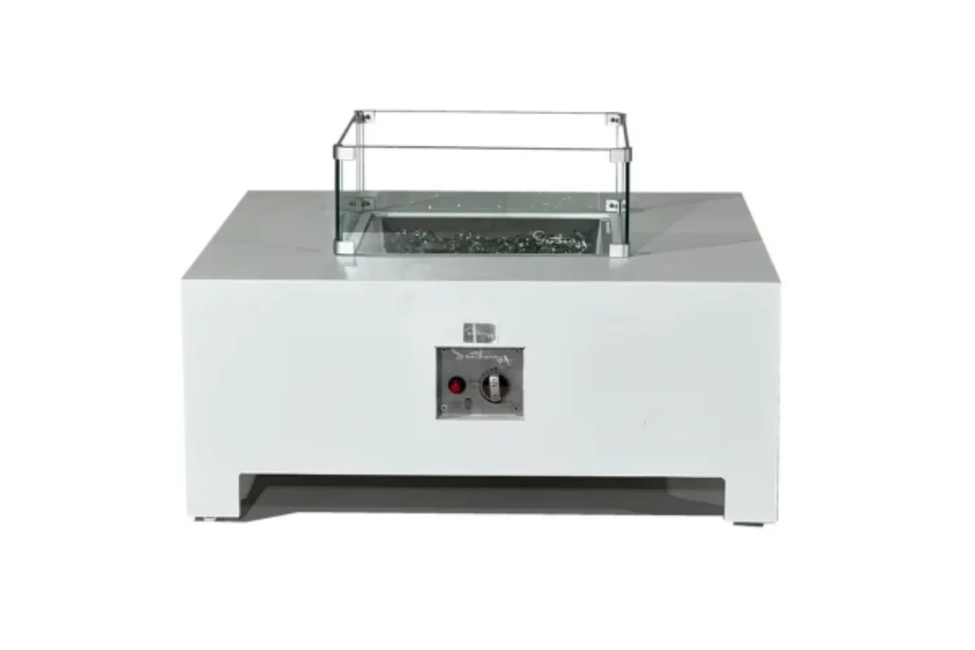White Pele square fire pit table with protective glass surround and front controls