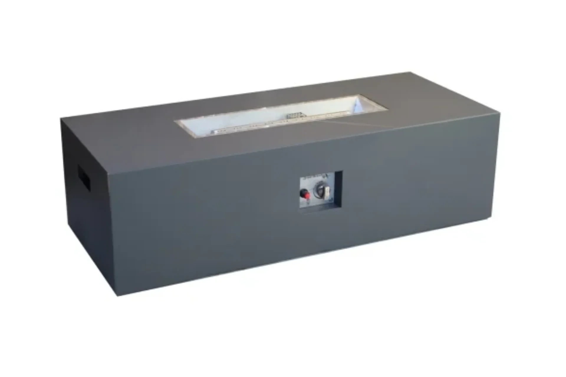 Black Prometheus rectangular fire pit table showing its burner and side controls