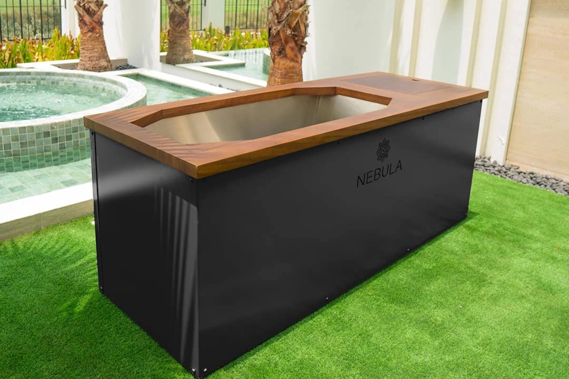 Pure Ice Bath by Nebula in black with a teak surround and stainless steel interior beside a pool