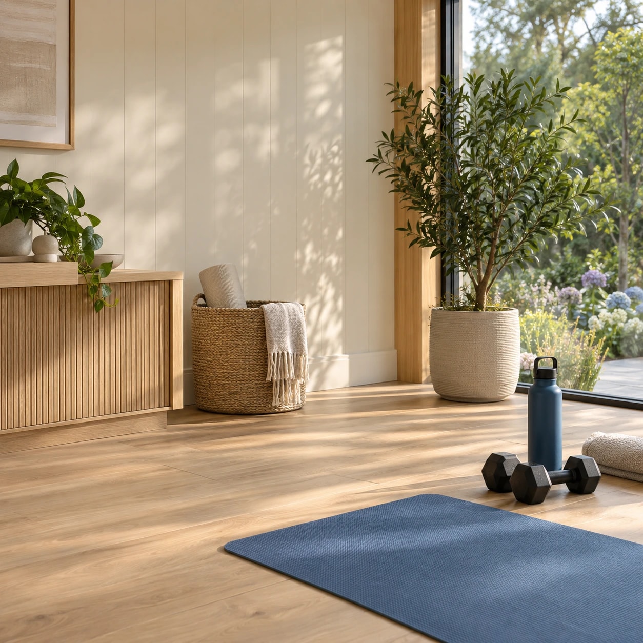 Yoga mat, dumbbells and water bottle in a bright garden gym