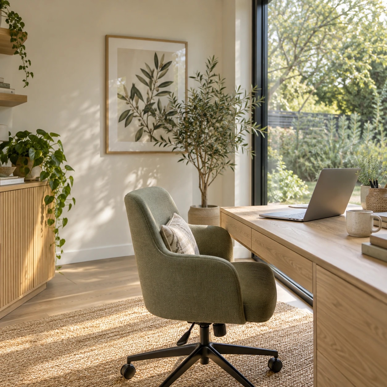 Light oak desk with a laptop and a garden view
