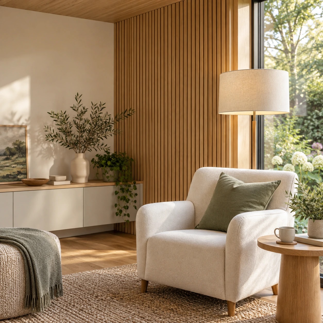 Cream armchair with a sage cushion beside a garden window
