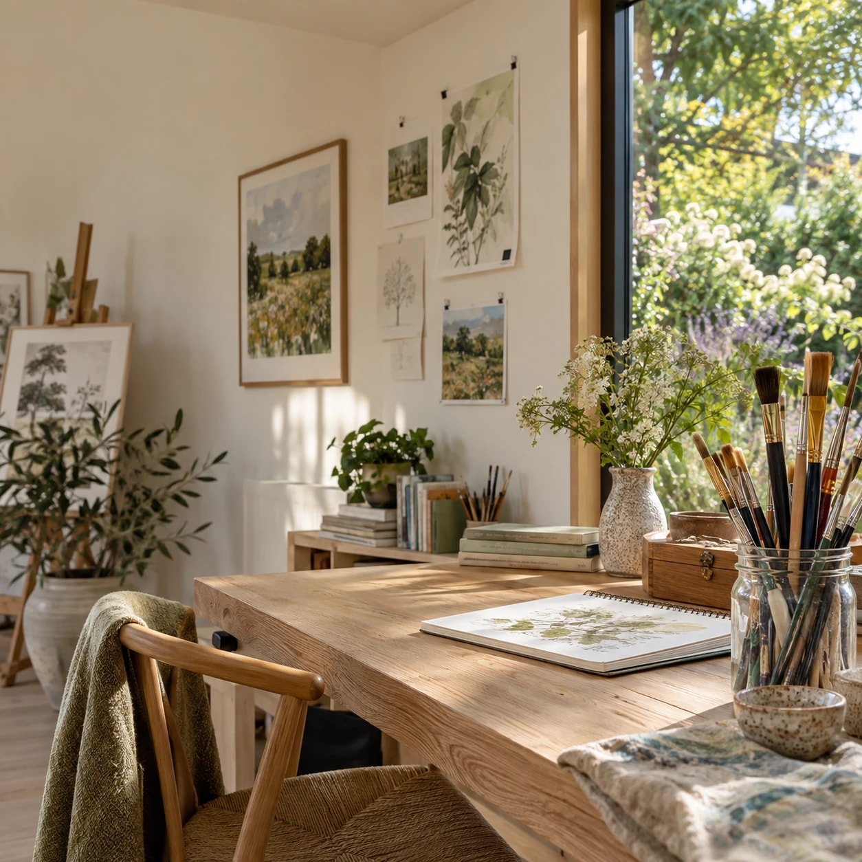 Artist’s table with brushes, sketchbooks and warm natural light